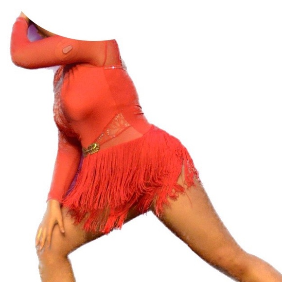 Red Jazz Costume with attached fringe skirt - Picture 2 of 4